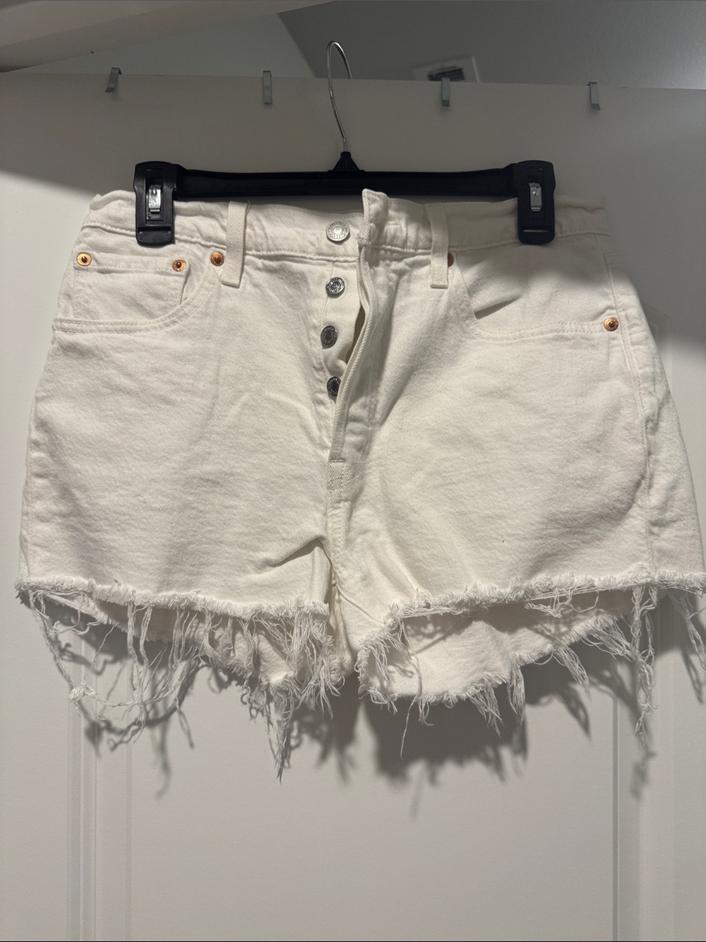 Levi 501 White High Waisted Distressed Cut Off Denim Shorts - Women